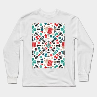 Wanna play? // pattern // white background teal red mint brown black and white game pieces Long Sleeve T-Shirt
